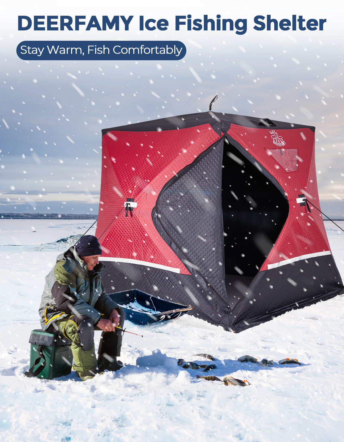  DEERFAMY Refugio de pesca en hielo, tienda de campaña de pesca  en hielo para 3-4 personas, shanty de hielo desplegable con bolsa de  transporte, 8 anclajes de hielo, rojo : Deportes